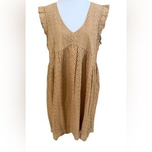 KNOX ROSE 100% Cotton Tan Eyelet Flutter Sleeve V-Neck Dress Medium